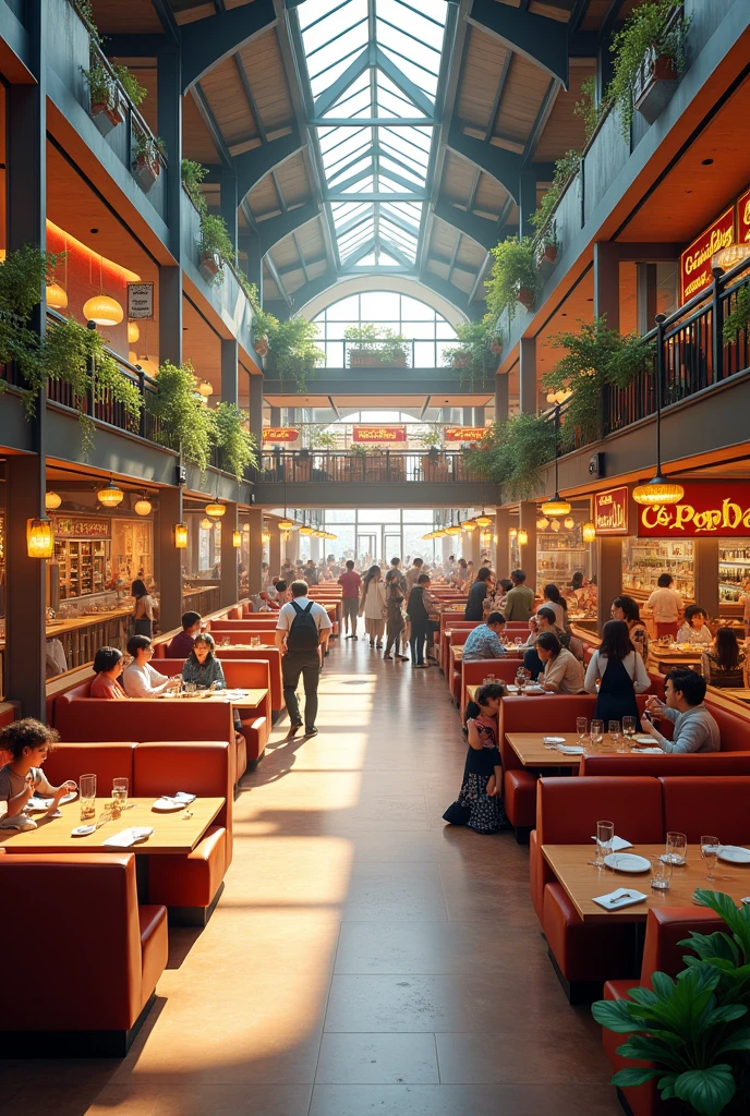 Make an indoor eating area, decorated and large, with several tables and chairs and different restaurants and snack bars