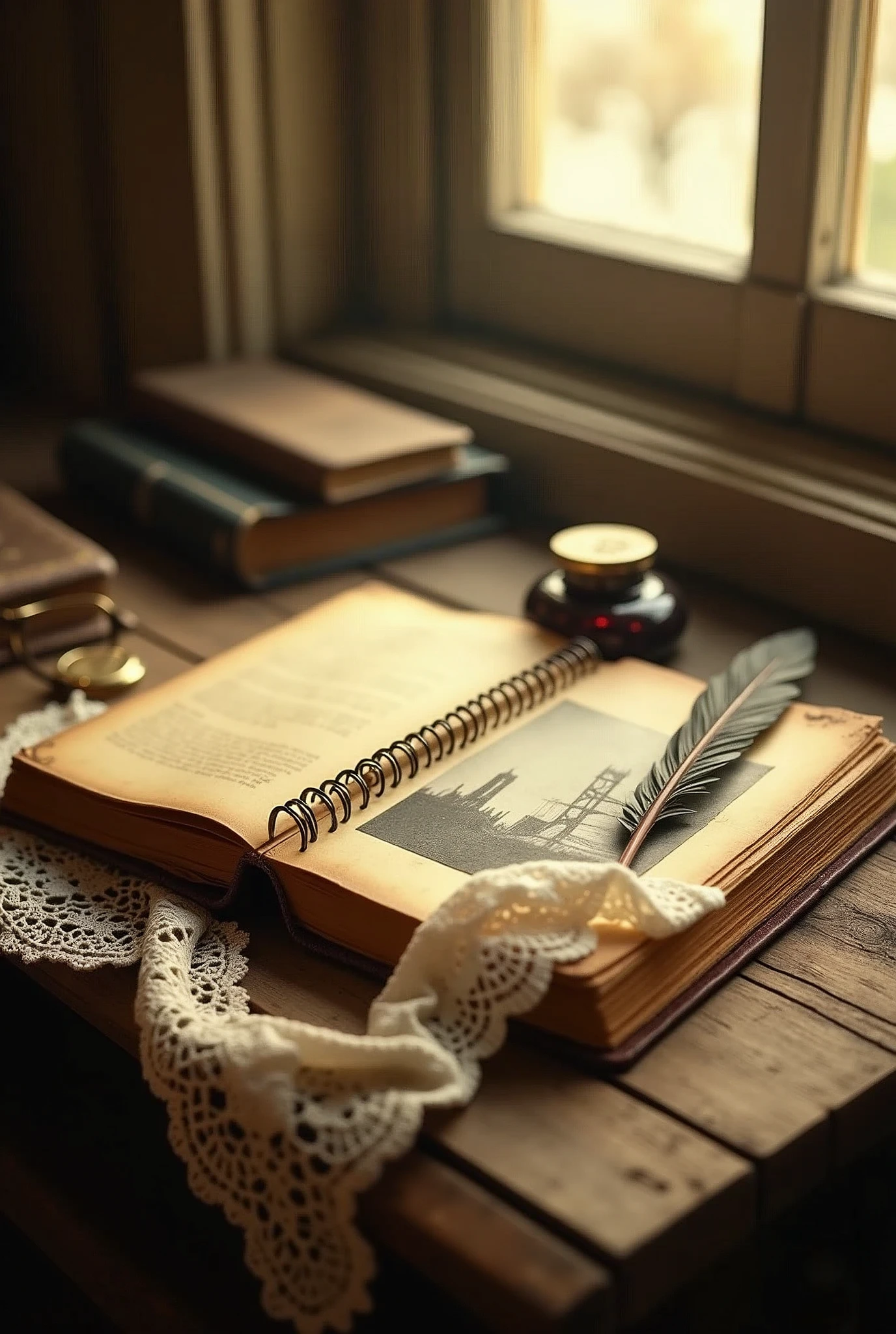 Design a vintage-themed scene featuring an old, weathered journal or diary placed on a rustic wooden table. The journal is slightly open, revealing yellowed pages, with a faded black-and-white or sepia-toned photograph partially visible, hinting at a significant person or location from the past. A vintage quill pen rests beside the journal, accompanied by a small ink bottle, while a delicate lace handkerchief drapes partially over the journal, adding a touch of romance. Soft, golden sunlight streams through a nearby window, casting a warm glow on the scene. In the background, include subtle elements like an antique pocket watch or a pair of old glasses to reinforce the vintage theme. Use a warm, muted color palette with sepia, browns, and golds to create a nostalgic and timeless atmosphere make this into black and white colour
