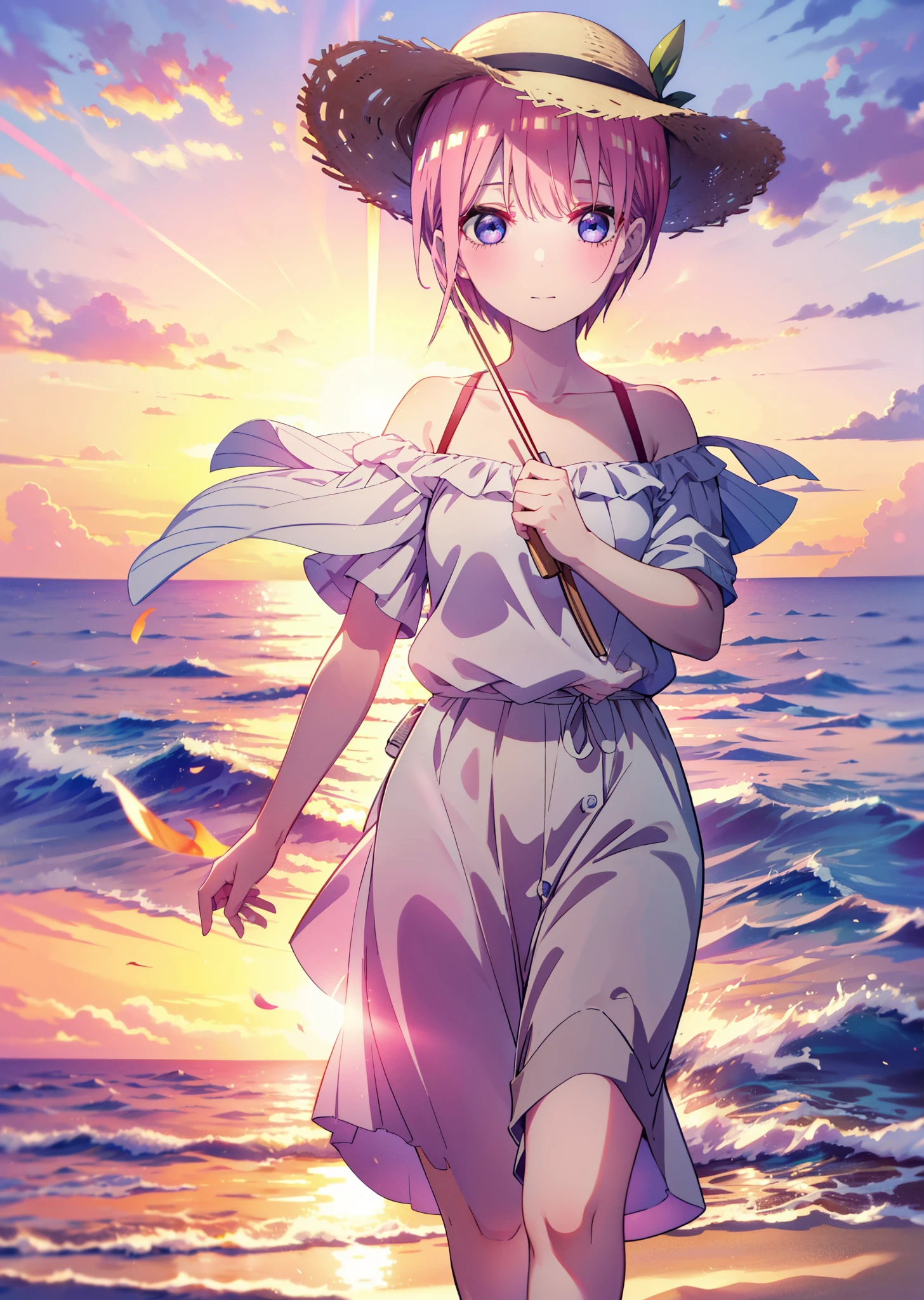 ichikanakano, Nakano Ichika, short hair, bangs, blue eyes, Hair between the eyes, Pink Hair, smile,blush,Open your mouth,Straw hat,White off-shoulder dress,Short sleeve,Long skirt,barefoot,Walking,sunset,evening,The sun is setting,Strolling on the sandy beach,
break outdoors, Beach,
break looking at viewer, whole body,
break (masterpiece:1.2), Highest quality, High resolution, unity 8k wallpaper, (figure:0.8), (Beautiful attention to detail:1.6), Highly detailed face, Perfect lighting, Highly detailed CG, (Perfect hands, Perfect Anatomy),