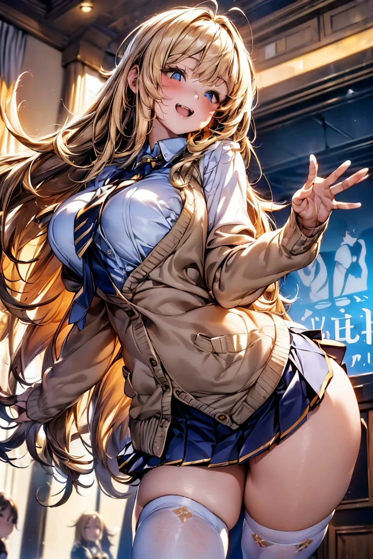 Browsing Caution,​(Highest quality, 8k, masterpiece:1.3,beautiful girl), ((Arcade)),(Very detailed)Glowing Skin,(((Long Hair,blonde,Beautiful Hair))),(Perfect Anatomy, Anatomically correct, Very detailed肌),((Golden Eyes)),((Perfect Fingers,Five Fingers)),((Light blue collared shirt, Navy pleated mini skirt, socks, Navy tie, Light brown cardigan, White knee socks)),Pink Panties,  Knee-high socks,Knee-high socks on both feet,Double teeth,Big Breasts,Big Ass,In front of the station at noon,((Waving and looking at me)),Smartphone in your right hand,look up,A slightly higher angle, Focus Only,Very smiling,Playing games
