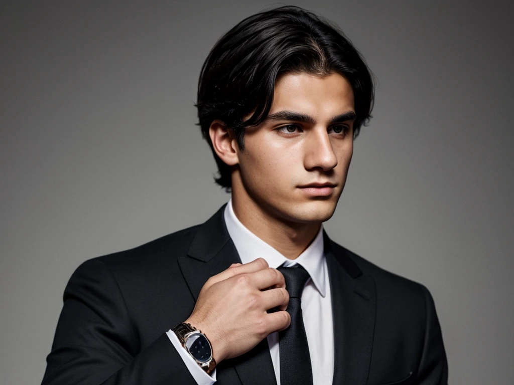 Make a 18 year old Hungarian wavy higgledy-piggledy dark brown (almost black hair) haried investor and business-man. He wears black suit and a watch. The background is full white. It's a half-body profile picture of him. He is a millionaire. He is looking into the camera. Don't show his face, he is unknown. Blur his face.