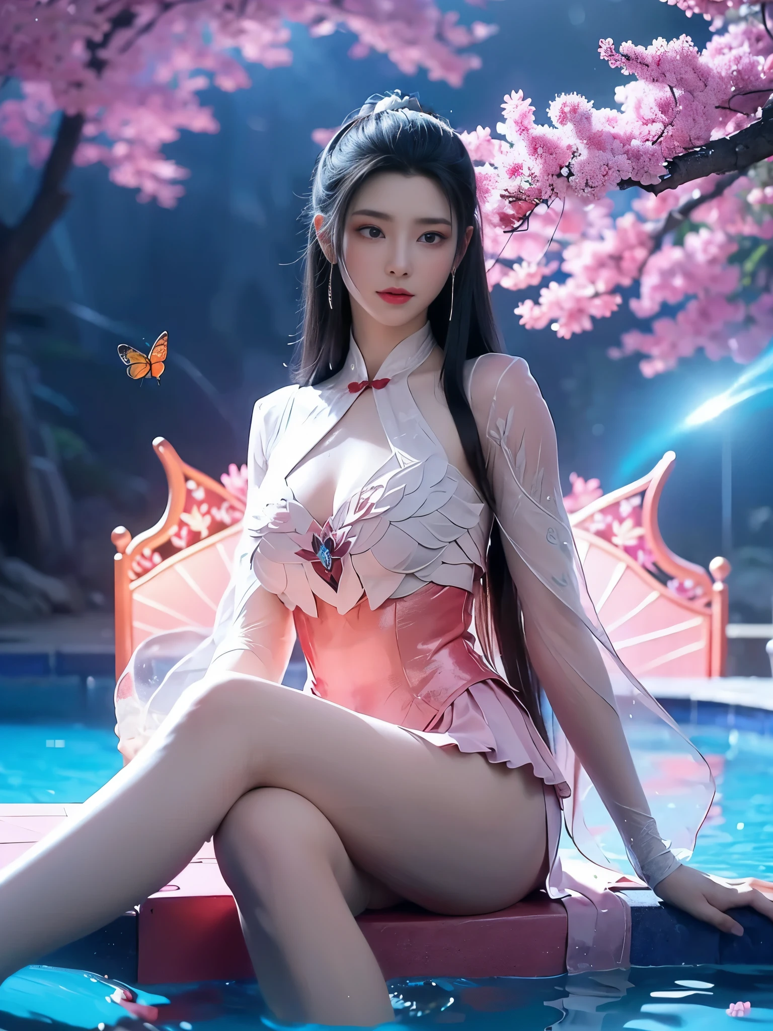 优美的舞蹈动态, 长腿 , 戏水,坐姿,坐在水池里,嬉戏, ((飘逸长发))官方艺术 , Unity8k 壁纸 , 极其详细 , 乳沟可见, 漂亮又美丽 , 性感修长的腿, 杰作 , 最好的质量 ,实际的, 非常详细的插图 ,极其详细 , 复杂的细节 , 极其复杂细致 , 非常详细的8KCG壁纸 , 焦散 .反射 , 光线追踪 , 恶魔主题 ,星云 ,黑暗气息, 网络效应 , (1女孩)独自的 , 小蓝蝴蝶 , 周围有数十只帝王蝶 , (蓝色等离子火焰 , (昆虫 , 蝴蝶)) 圣光蝴蝶天使 , 蝴蝶翅膀 , 洛可可风格的柔和色调 ,浅白色和浅深红色 , 难以置信的美丽 , 樱花 , 超现实主义 ,绘画 , 空灵的 , 混合现实与幻想元素 ,光线追踪 , 复杂的图案 , 细腻的线条 , 完善你的双手, 繁星点点 , 丰富多彩的 , 星星