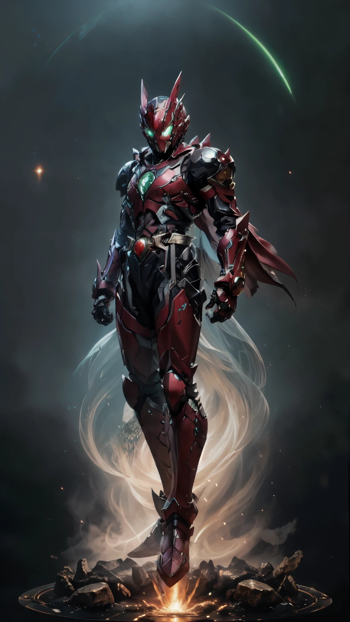 (masterpiece:1.5, best quality:1.5, extremely delicate:1.5, superhero pose:1.5), a man wearing a full-face helmet, a fantasy-style biotech armored combat suit, green eyes, (a composite layered chest armor), fully enclosed shoulder guards, matching arm and leg guards, belt of Neon circuit, (the color scheme is primarily black with green and red accents), the design balances heavy with agility, a high-tech bio-mecha armor, (Armor Concept Inspired by Demon, stand on the top of a skyscraper in a futuristic sci-fi city), this character embodies a finely crafted fantasy-surreal style armored hero in anime style, exquisite and mature manga art style, (element, plasma, energy, the armor glows), ((male:1.5)), metallic, high definition, highres, ultra-detailed, ultra-fine painting, professional, perfect body proportions, golden ratio, anatomically correct, symmetrical face, extremely detailed eyes and face, high quality eyes, creativity, RAW photo, UHD, 32k, Natural light, cinematic lighting, masterpiece-anatomy-perfect