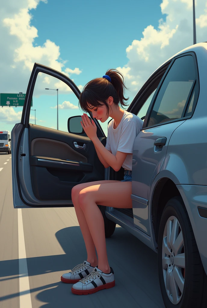 A teenage girl urinating (urgently) at side of the freeway) ( sitting on car with the open car door to hide herself. (She made her parents pull over the car in from of traffic for pit stop) couldn’t hold it any longer