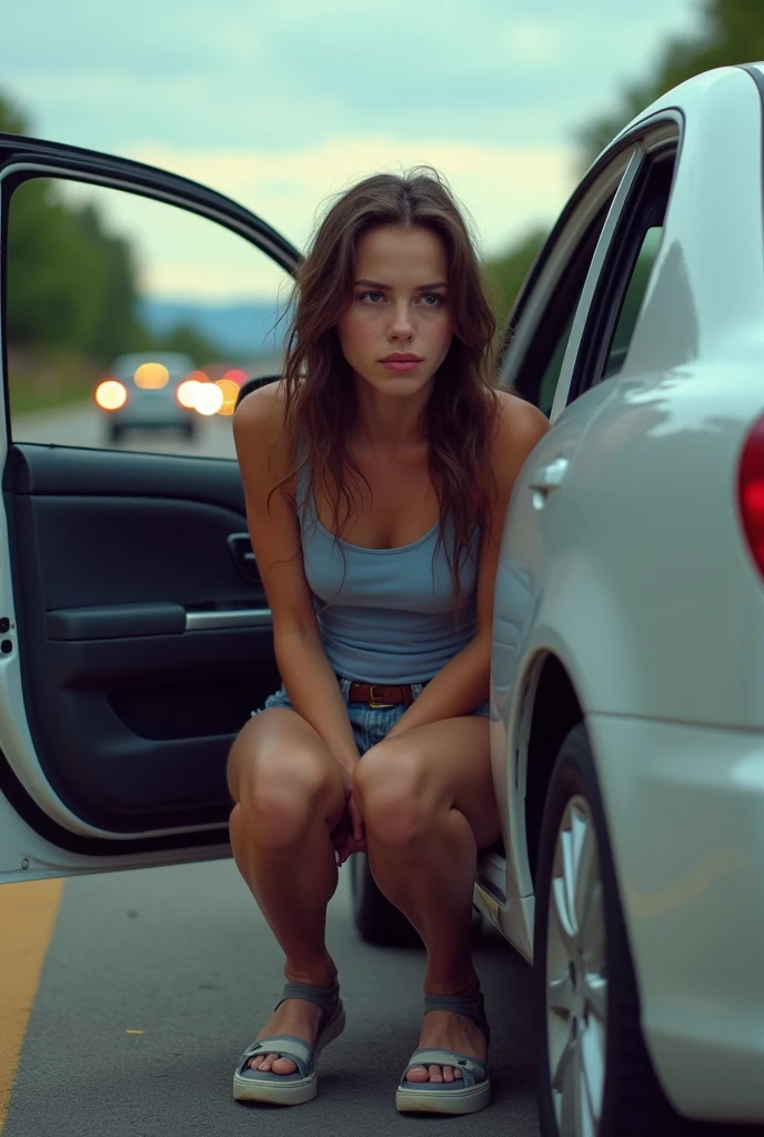 A teenage girl urinating (urgently) at side of the freeway) ( sitting on car with the open car door to hide herself. (She made her parents pull over the car in from of traffic for pit stop) couldn’t hold it any longer
