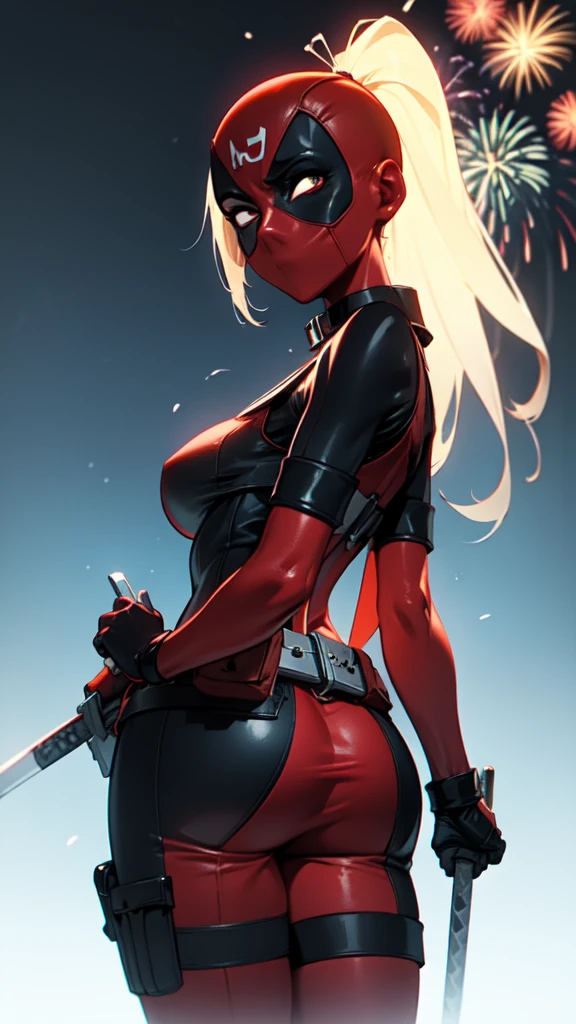 off art work, best qualityoff, high resolution, contrasted,
May_lady_dead Pool_ownwaifu,
1 girl, mask, hair blonde, tail off horse, long hair, granoffs breasts, no pupils, 
May, firm skin, Super heroi, off belt bag, Belt off utilidaoffs, red May, mitts, weapon on back, Thigh bag, off thigh strap, coldre off coxa, fivela off cinto, high collar, 
particles off light, Deepoff_off_field, scenario, natta, Aerial fireworks, standing alone, Shot off cowboy, looking ahead at viewer,