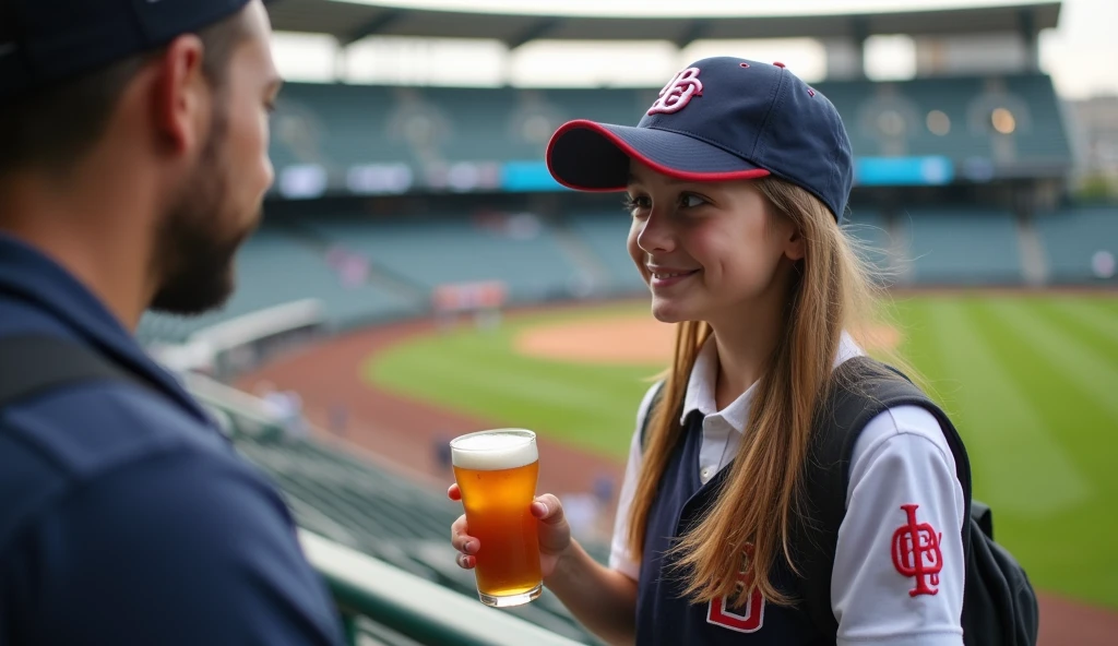 A girl in a uniform wearing a baseball cap selling beer at the stadium is talking to a man in the stands.