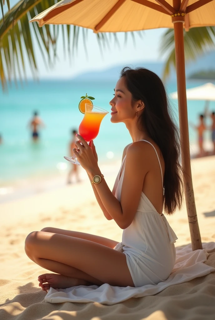 (photorealism:1.2), a beautiful cambodian woman, smiling, wearing white beachwear, sits on the sand at the beach under the umbrella enjoys fruit cocktail, silhouette of people playing on the sand behind.