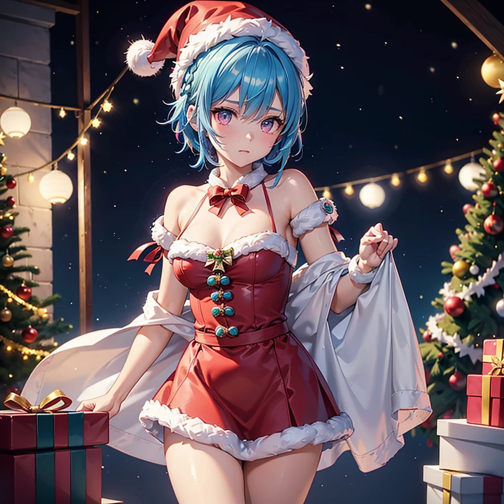 (Sky blue hair),(Braided short hair), (Pink Eyes),Fair skin) ,(whole body),(One Girl),(Gift boxes filling the background),(Santa Claus clothes),Santa Claus hat,(Christmas Party),(masterpiece, Highest quality, Very detailed, Best Shadow), (Detailed Background), (Beautifully detailed face), High Contrast, (Best lighting, Very delicate and beautiful), ((Cinematic Light)), Hyper Detail,8k, Dramatic Light, Intricate details,night,Christmas tree