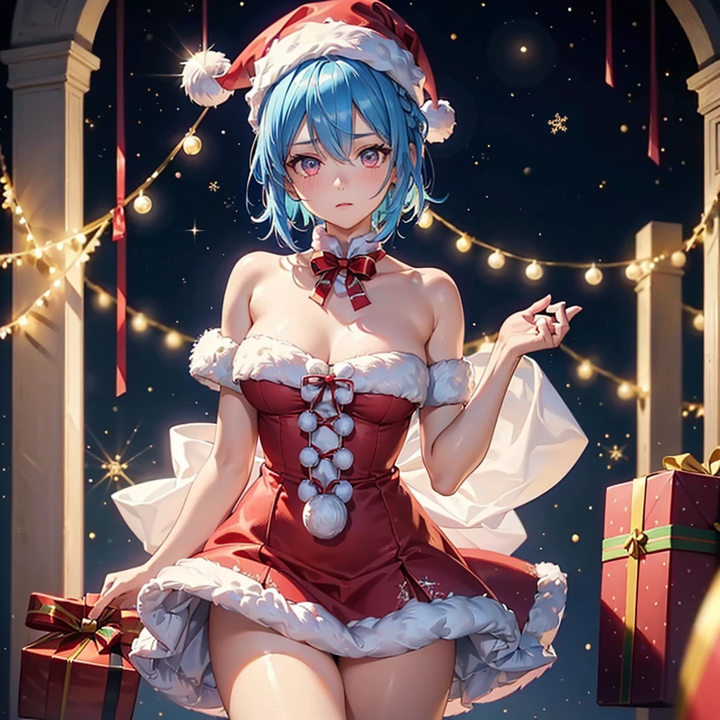 (Sky blue hair),(Braided short hair), (Pink Eyes),Fair skin) ,(whole body),(One Girl),(Gift boxes filling the background),(Santa Claus clothes),Santa Claus hat,(Christmas Party),(masterpiece, Highest quality, Very detailed, Best Shadow), (Detailed Background), (Beautifully detailed face), High Contrast, (Best lighting, Very delicate and beautiful), ((Cinematic Light)), Hyper Detail,8k, Dramatic Light, Intricate details,night,Christmas tree