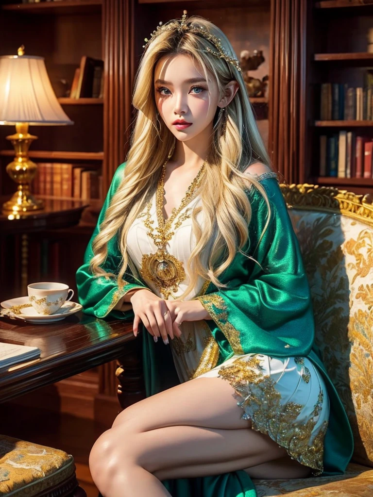 (((Masterpiece, Highest quality, high definition, Highly detailed)))), man, ((Fantasy)))), (Elf Woman)))), (White short skirt with gold embroidery), (long straight blonde hair), (หน้าอกขนาดbig), (Shiny dark green eyes), (Green robe with gold embroidery), big, (((National Library in the capital)), (พื้นที่ขนาดbigที่มีหนังสือมากมาย)), Sit on a chair and read a book , flying particles of light