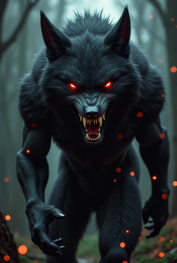 Werewolf,dady, naked, big dick, black fur, red eyes, smiling,big fangs