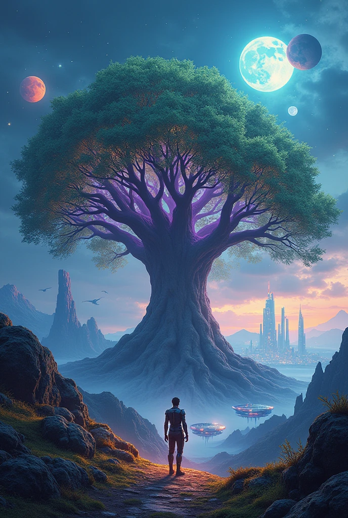 A stunning, otherworldly landscape that blends the mystical with the futuristic, creating a scene that captivates and inspires awe. The image features a massive, ancient tree with bioluminescent leaves that glow in vibrant hues of teal, violet, and gold, its roots sprawling across the terrain like living veins. The tree stands at the center of a vast, ethereal forest where the ground is covered in soft, luminous moss and delicate, floating orbs of light drift gently through the air. In the sky above, two moons hover, one large and pale, the other smaller and deep crimson, casting a surreal light across the scene. On the horizon, a futuristic city with towering glass spires and floating platforms is visible, its lights twinkling like stars in the twilight. In the foreground, a figure clad in sleek, high-tech armor stands in awe, their face illuminated by the glow of the tree. The atmosphere is filled with a sense of mystery and wonder, as if the viewer has stepped into a place where nature and technology harmoniously coexist in a realm beyond time. The colors are rich and vibrant, with deep blues, purples, and greens creating a dreamlike, otherworldly palette that draws the viewer into this magical, breathtaking world