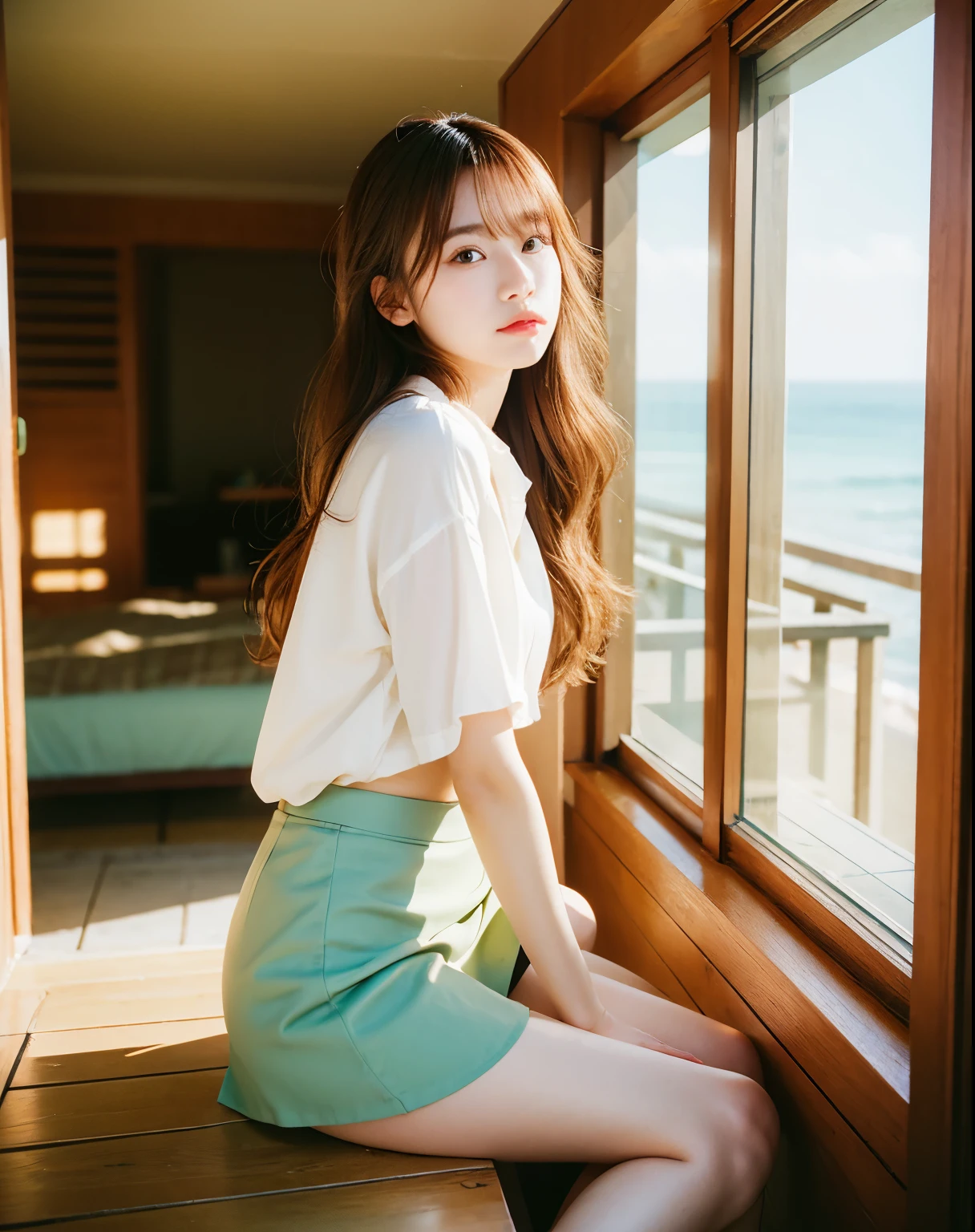 Top quality, 1 beautiful woman, wearing summer fashion, mini skirt 35mm lens, f/1, at beach house, long hair, brown hair, from side