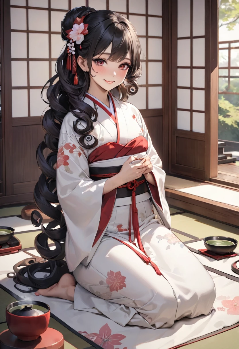 (japanese tea ceremony style) (Seiza tea ceremony), (With both hands holding a detailed biggest japanese Traditional ceramic tea cups) (solo:2, 15 yo) (beautiful detailed curly:1.3) (beautiful pastel color black hair very long hair) (immensely cute princess girl) (immensely sexy red eyes) (lovely smile) , in a detailed white kimono, break, in the japanese style room, BREAK, perfect anatomy, masterpiece, best quality, 16k, beautiful detailed grow, daydreaming expression.