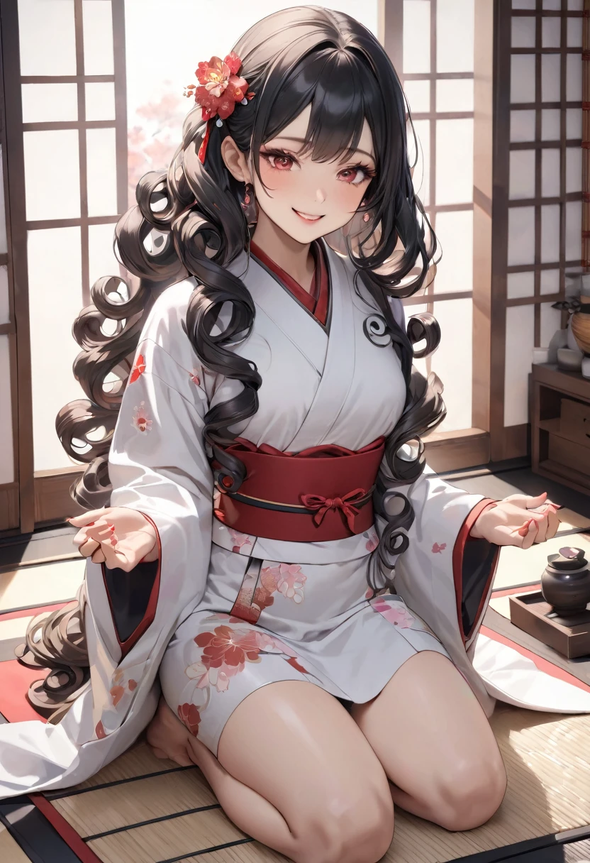 (japanese tea ceremony style) (Seiza tea ceremony), (With both hands holding a detailed biggest japanese Traditional ceramic tea cups) (solo:2, 15 yo) (beautiful detailed curly:1.3) (beautiful pastel color black hair very long hair) (immensely cute princess girl) (immensely sexy red eyes) (lovely smile) , in a detailed white kimono, break, in the japanese style room, BREAK, perfect anatomy, masterpiece, best quality, 16k, beautiful detailed grow, daydreaming expression.