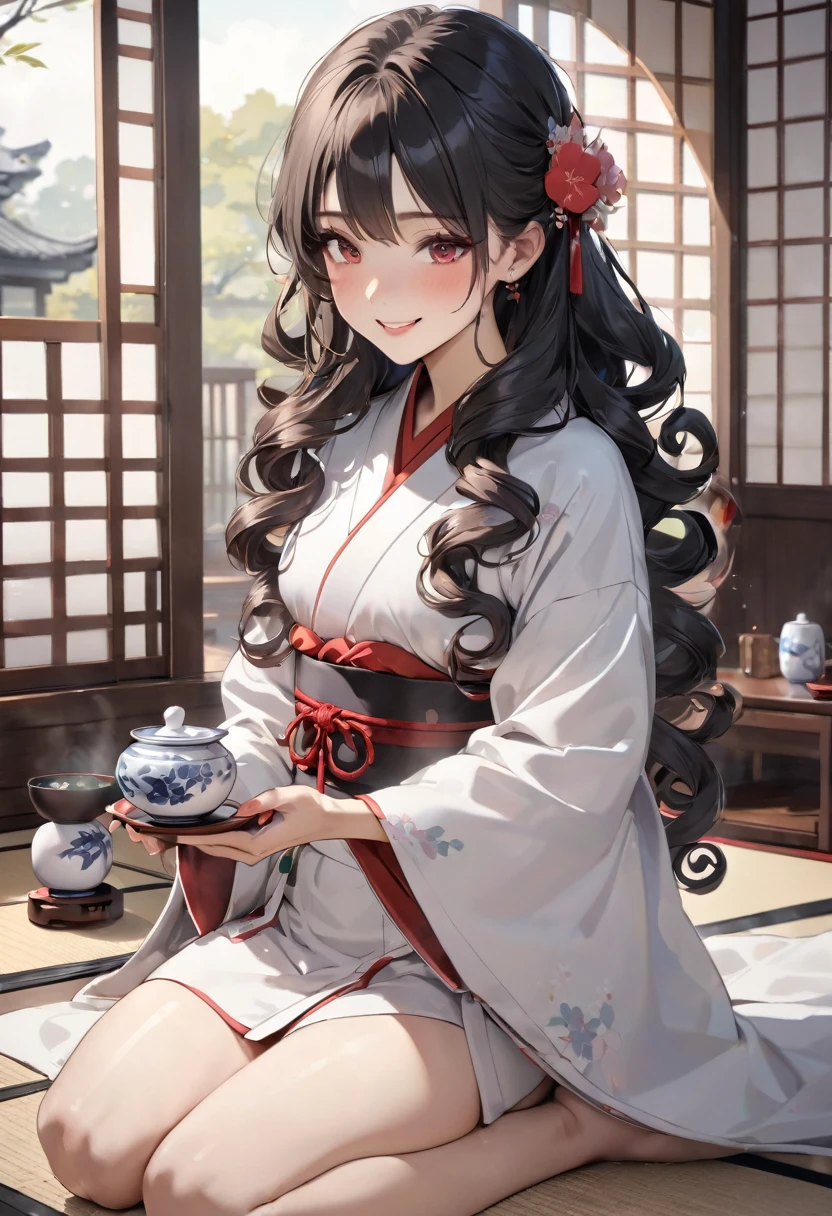(japanese tea ceremony style) (Seiza tea ceremony), (With both hands holding a detailed biggest japanese Traditional ceramic tea cups) (solo:2, 15 yo) (beautiful detailed curly:1.3) (beautiful pastel color black hair very long hair) (immensely cute princess girl) (immensely sexy red eyes) (lovely smile) , in a detailed white kimono, break, in the japanese style room, BREAK, perfect anatomy, masterpiece, best quality, 16k, beautiful detailed grow, daydreaming expression.