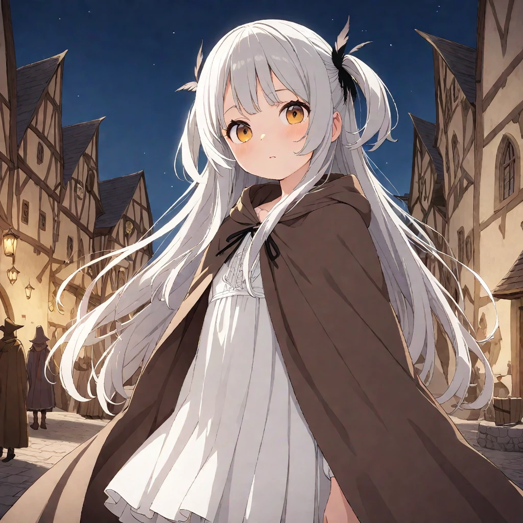 16 year old girl, bearish short girl, Super detailed, very delicate and beautiful, game CG, flat chest, long hair, white hair, young girl, wizard, White Hat wizard, feather ornament, long two side up hair, one girl, pleated skirt, loose brown cloak, white batwing tops, white loose fit blouse, {{{wizard's big white hat}}}, masterpiece Super detailed, very delicate and beautiful, flat chest, long hair, gray hair, wizard, feather ornament, two side up hair, one girl, brown cloak, medieval town, anatomically correctct, illustration, illustration, masterpiece,Woman with two-side up hairstyle, with long hair flowing down on the sides