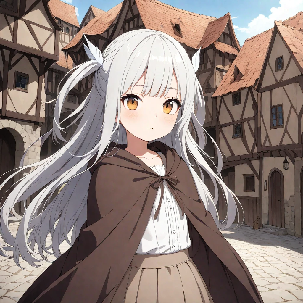 16 year old girl, bearish short girl, Super detailed, very delicate and beautiful, game CG, flat chest, long hair, white hair, young girl, wizard, White Hat wizard, feather ornament, long two side up hair, one girl, pleated skirt, loose brown cloak, white batwing tops, white loose fit blouse, {{{wizard's big white hat}}}, masterpiece Super detailed, very delicate and beautiful, flat chest, long hair, gray hair, wizard, feather ornament, two side up hair, one girl, brown cloak, medieval town, anatomically correctct, illustration, illustration, masterpiece,Woman with two-side up hairstyle, with long hair flowing down on the sides