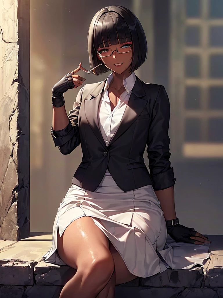 (masterpiece:1.2), highest quality, High resolution, unity 8k wallpaper, (fine and beautiful eyes:1.6), highly detailed face, perfect lighting, Detailed CG, (perfect hands, perfect anatomy:1.3), (1 femmale:1.4), (20 years old femmale:1.4),( black hair:1.3), extremely beautiful detailfeminine face and eyes, (evil smile:1.3), detailed eyes, best quality,( dark skin:1.8), extremely detailed, very precise detailed,(glasses:1.3), (blunt bangs:1.3), open mouth, (very short hair:1.4),(fingerless gloves:1.5), (half closed eyes:1.5),(business suit:1.6),boots,(flat chest:1.4),(Smoking a cigarette:1.2),sitting,(long skirt:1.3)