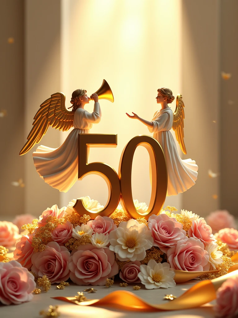 Create a visually stunning and celebratory scene featuring a golden number 50 placed vertically on the left side of the image, lying on a bed of lush bouquets of pink and white flowers with golden leaves. At the top of the number 50, place a majestic angel holding a trumpet, as if heralding a grand announcement. Beside the number 50 on the right, position another angel in a welcoming posture, extending a hand as if inviting others to join the celebration. At the bottom of the image, include an elegant golden ribbon flowing gracefully with the words 'Sacerdotal Golden Jubilee' inscribed in a sophisticated font. Ensure the overall composition exudes a sense of reverence, festivity, and honor.