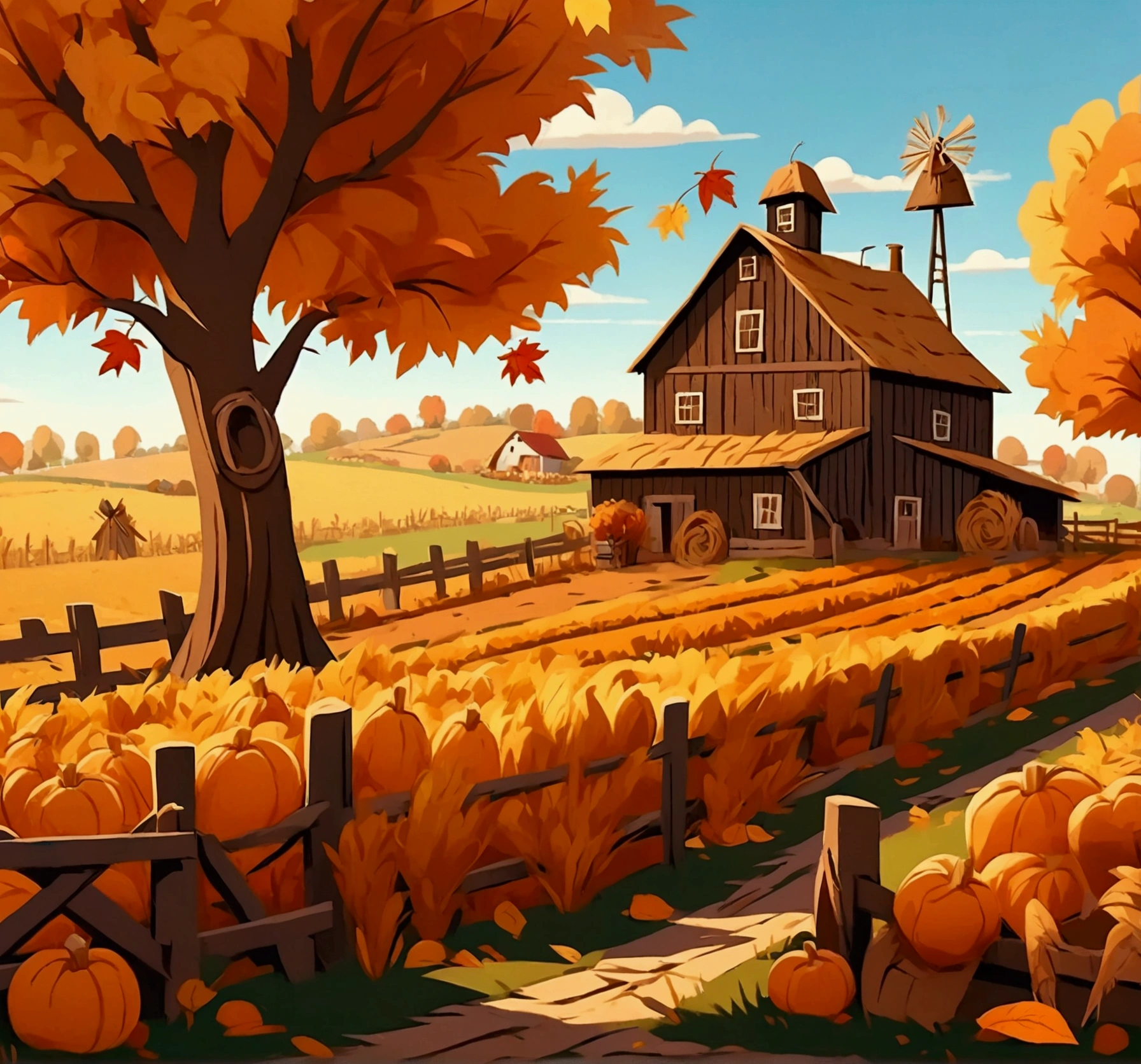 Cartoon beautiful fall farm with scarecrow scene