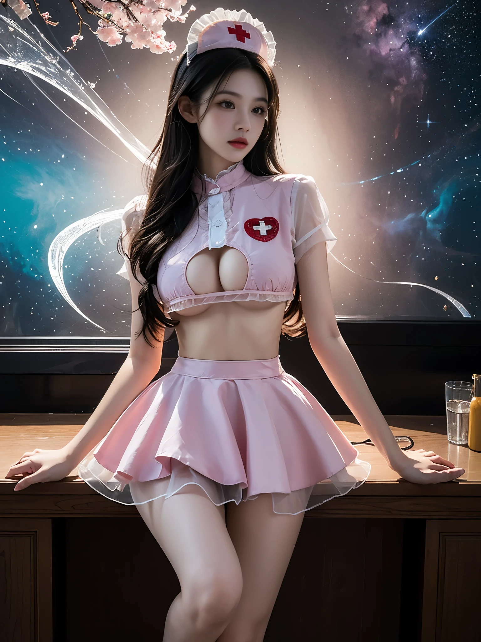 p_nurse beautiful dance movements, Long legs , Water play,Sitting,Sitting in the pool,play, ((Flowing long hair))Official Art , Unity8k Wallpaper , Extremely detailed , Visible cleavage, Pretty and beautiful , Sexy long legs, masterpiece , best quality ,Practical, Very detailed illustrations ,Extremely detailed , Intricate details , Extremely complex and detailed , Very detailed 8KCG wallpaper , Caustics .reflection , Ray Tracing , Devil Theme ,nebula ,Dark aura, Network Effects , (1 Girl)Solitary , 小蓝Butterfly , Dozens of monarch butterflies around , (Blue plasma flame , (insect , Butterfly)) 圣光Butterfly天使 , Butterfly翅膀 , Pastel tones in Rococo style ,Light white and light dark red , Incredibly beautiful , Cherry blossoms , Surrealism ,painting , Ethereal , Mixing reality and fantasy elements ,Ray Tracing , Complex patterns , Delicate lines , Perfect your hands, Starry Sky , rich and colorful , Star