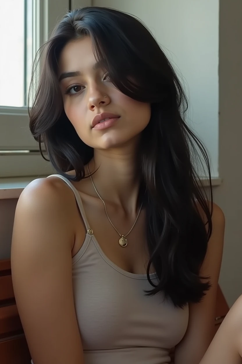 18 year old, girl, black hair, necklace thin and minimalist, looking sideways from camera, face Not visible by hair, in University bench, (picture: Full screen, with girl and background, from head to toe sitting comfortable), Mexican