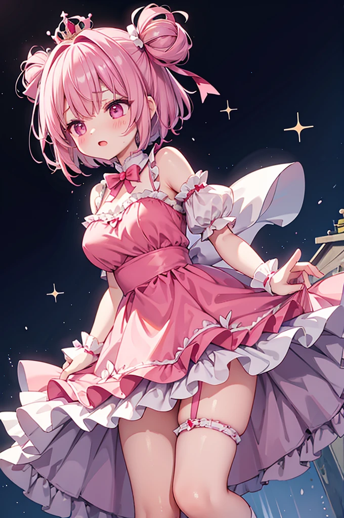 (ultra-detailed eyes), (((textile shading))), (((best quality))), (((masterpiece))), (((ultra-detailed CG))), depth of field, 15 years old, (((magical girl))), (petite), (small breast), pink hair, ((short hair)), pink eyes, (((pink satin dress, sleeveless satin dress))), pink satin skirt, pleated skirt, ((elbow gloves)), long gloves, white satin gloves, white garter belt, white satin knee socks, white satin collor, breast pink satin ribbon, (((ultra-detailed ultra-shiny smooth satin clothes))), (((ultra-shiny smooth satin gloves))), (((game CG))), ((night sky, old ruins)), ((heavy lotion rain)), ((narrow passage)), (ashamed, blush, fighting), (((slimy clear lotion on her body))), ((((slimy clear lotion wet clothes)))), (((slimy clear lotion coating clothes))), (((slimy clear lotion on clothes)))