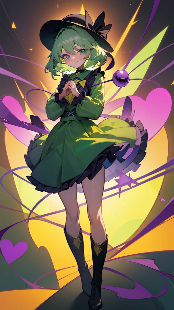 masterpiece、Highest quality、Very detailed、８Ｋ、One Girl、adorable look、Oriental Project、Koishi Komeiji、Light green hair、A round black hat with a yellow ribbon、Yellow jacket(Green collar、Three diamond-shaped light blue gems lined up vertically on the chest)、dark green skirt、Medium chest、Closed purple third eye(They are connected to black boots by purple cords)、smile、Make a heart shape with your hands、Stained Glass、Hearts scattered、