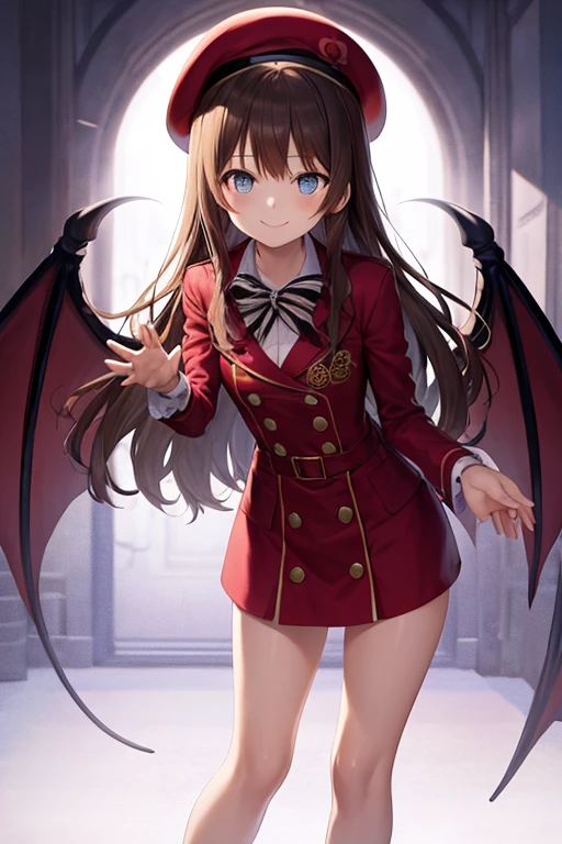 (cute)(Highest quality)girl、beret、one piece、Brown Hair、long hair、Blue Eyes、Heel、While looking at this、Take my hand、With a smile、Friendly atmosphere、Small devil、Red aura、There is a demon standing behind me.
