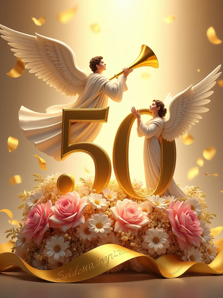 Create a visually stunning and celebratory scene featuring a golden number 50 placed vertically on the left side of the image, lying on a bed of lush bouquets of pink and white flowers with golden leaves. At the top of the number 50, place a majestic angel holding a trumpet, as if heralding a grand announcement. Beside the number 50 on the right, position another angel in a welcoming posture, extending a hand as if inviting others to join the celebration. At the bottom of the image, include an elegant golden ribbon flowing gracefully with the words 'Sacerdotal Golden Jubilee' inscribed in a sophisticated font. Ensure the overall composition exudes a sense of reverence, festivity, and honor.