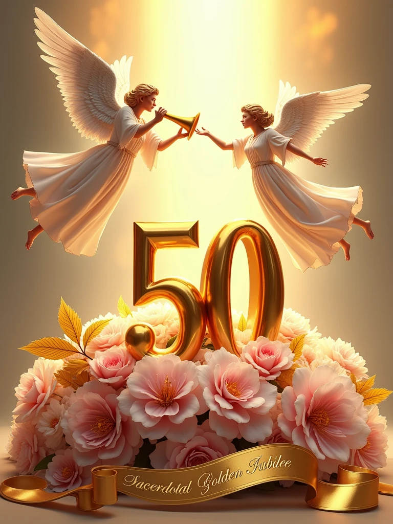 Create a visually stunning and celebratory scene featuring a golden number 50 placed vertically on the left side of the image, lying on a bed of lush bouquets of pink and white flowers with golden leaves. At the top of the number 50, place a majestic angel holding a trumpet, as if heralding a grand announcement. Beside the number 50 on the right, position ther angel in a welcoming posture, extending a hand as if inviting others to join the celebration. At the bottom of the image, include an elegant golden ribbon flowing gracefully with the words 'Sacerdotal Golden Jubilee' inscribed in a sophisticated font. Ensure the overall composition exudes a sense of reverence, festivity, and honor.