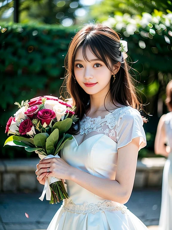 Photo-realistic quality、a woman in a Wedding dress holding a bouquet of flowers、Standing in front of the church、20 year old Japanese model、白のWedding dress,Hanae Mori style wedding dress、Japan idols at 20 years old、lace prom dresses、looking at the camera、Detailed and beautiful eyes、Cute smile、Relaxed and gentle expression、a close up of a woman in a Wedding dress holding a bouquet, Wedding dress, So magical and dreamy、Blur the background a lot、300mm F2.Shot with 8 lenses