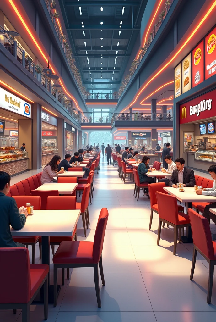 Make an indoor eating area, decorated and spacious with a wide space, with several tables and chairs and different restaurants and snack bars like McDonald's and Burger King, with a more modern decoration similar to a shopping mall 