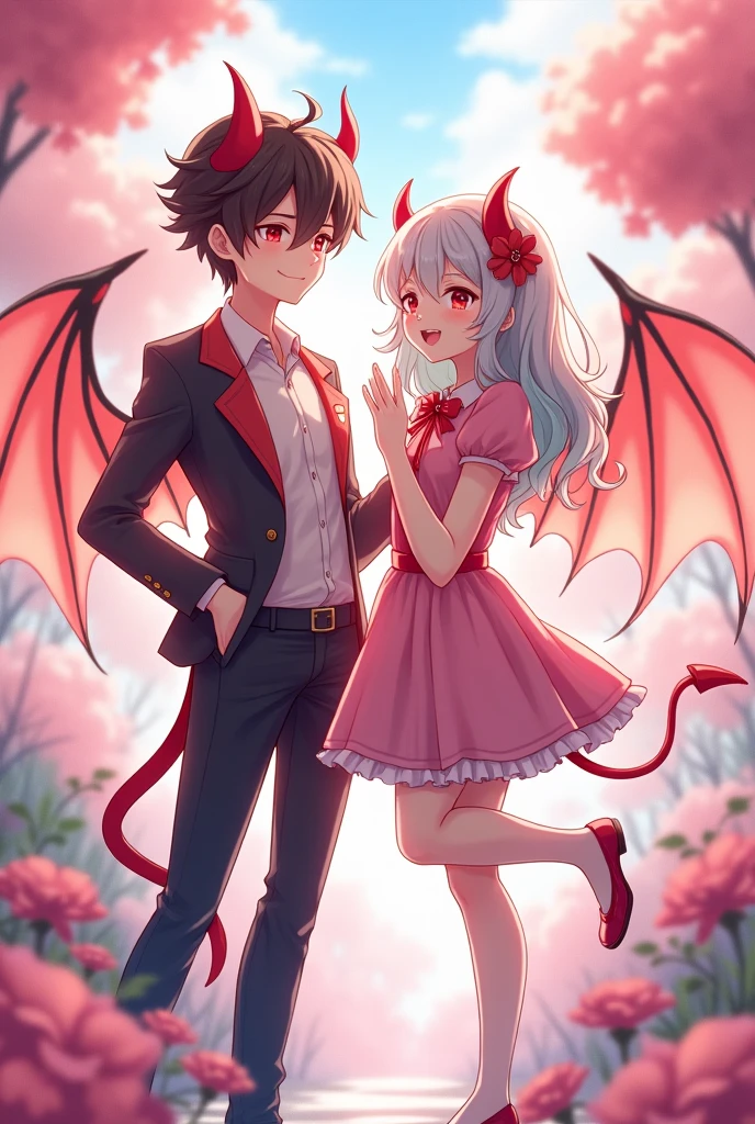 Man and girl dressed as cute six-winged devils. Anime design