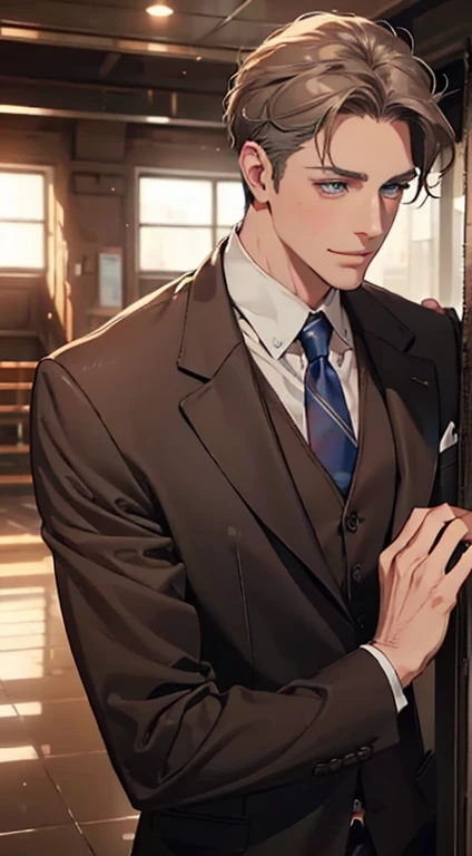 a mature man with short grey Brown hair, blue eyes, 34 years, and a perfect face, smiling in love, CEO, cinematic lighting, 1:4 HDR image, top view, ultra detailed, best quality, masterpiece, 8K, photorealistic, beautiful image