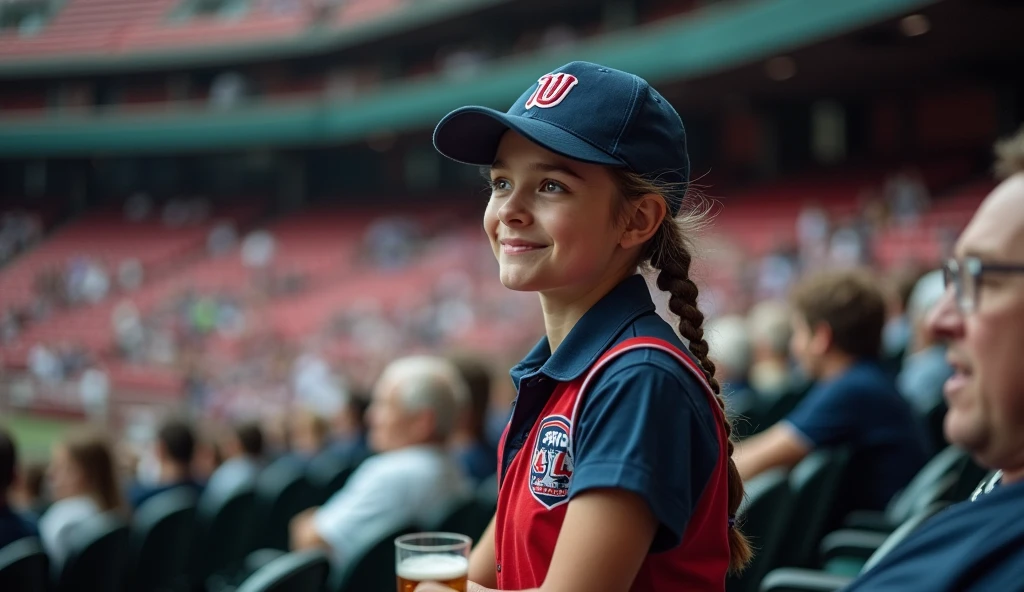 A girl in a uniform wearing a baseball cap selling beer at a baseball stadium. She is talking to a man in the auditorium. The auditorium is full.
