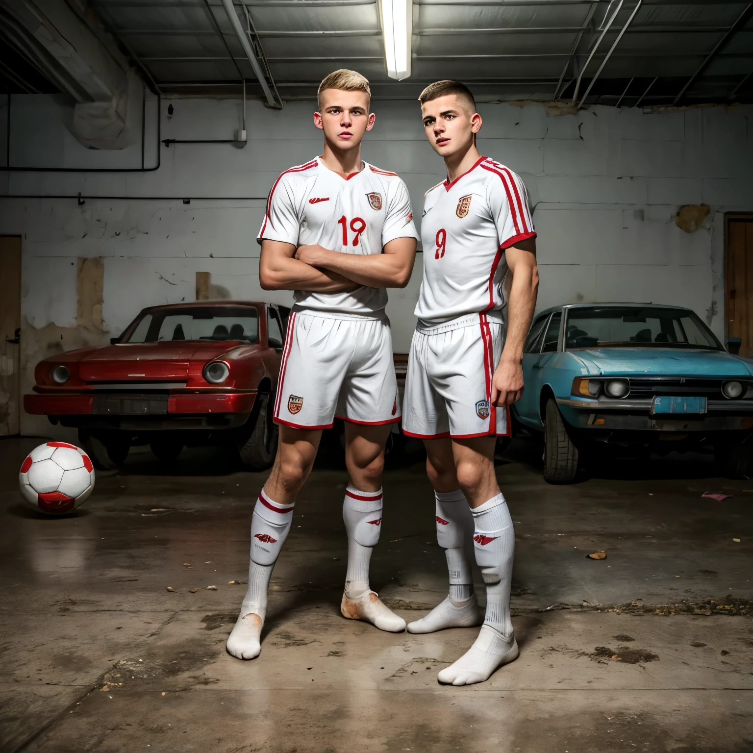 full body view, two Teen european white boys with clean shaved undercut haircuts,  crying in a cage,  wearing soccer jerseys, soccer shorts, in their white filthy soccer socks, no shoes, in a huge dark room looking like an abandoned garage, showing off their filthy white socked feet, shoeless