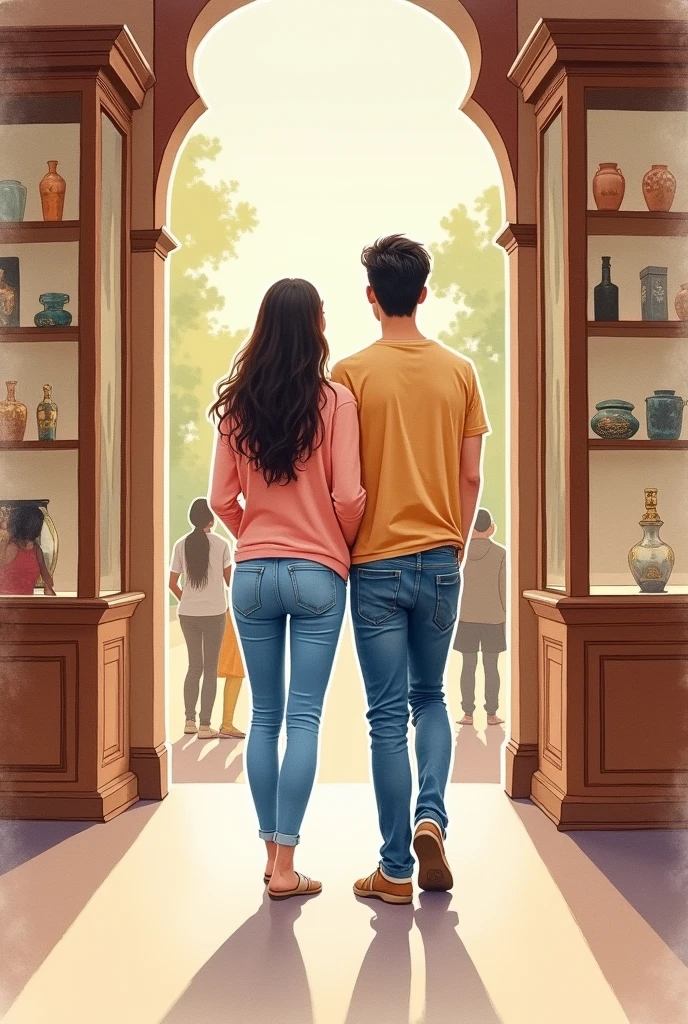 Create watercolor illustration.its ok of face is not visible
Couple in kelkar museum,pune watching things on shelf and discussing .girl is wearing peach top and jeans and boy is wearing