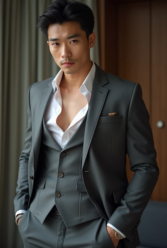Chinese man handsome 20 years old,daddy,"shiny grey suit ", wear shirt, open chest shirt, showing off body, toned abs and full chest, very shiny grey pants, very shiny grey waistcoat, Dad was drunk and lie down on the bed,k hd,in the office,"big muscle", gay ,black hair,asia face,masculine,strong man,the boss is,handsome,,leather gloves,lecherous dad,look straight ahead,dad is handsome,dad is handsome ,dad is "horny dad", open shirt, showing off his body, open vest,muscle vein,muscle tendon