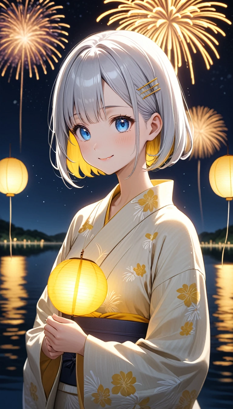 standing in front of a lake with fireworks, Silver bob hair with golden inner color and blue eyes、A cute character wearing a plain yellow yukata with a white obi。There is a yellow hairpin in her hair.、smile。Light up your face in a dimly lit atmosphere。Emotional atmosphere。