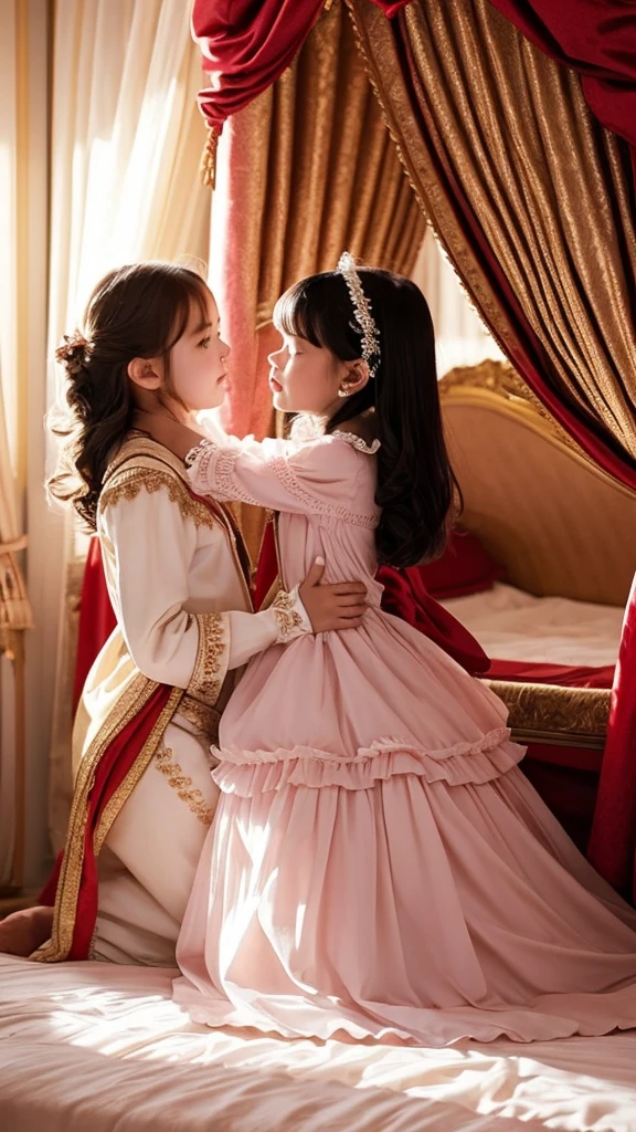 highest quality, masterpiece, highest resolution, artwork, super get used to it, many become familiar with, become familiar with, get used to it, 10 years old,the two girls are princesses, princess dress,long sleeve,long dress,A dress with lots of frills and ribbons.,luxury,Two kiss,high quality dresses,In a luxurious bedroom, a luxurious canopy bed, girls on the bed, enjoying the kiss, 
