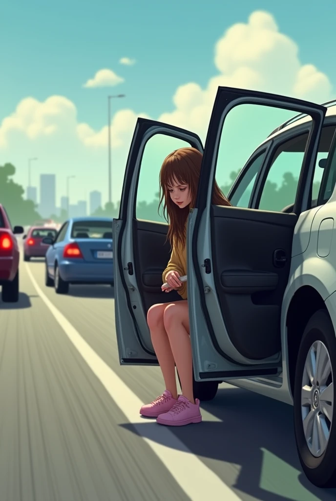 A  girl is urinating (urgently) at side of the freeway) ( sitting on car with the open car door to hide herself. (She made her parents pull over the car in from of traffic for pit stop) couldn’t hold it any longer 