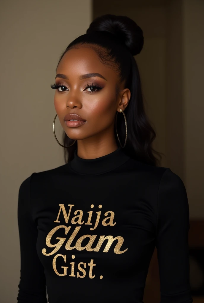 Create a beautiful lady model putting on a black round neck top with the inscription Naija Glam Gist