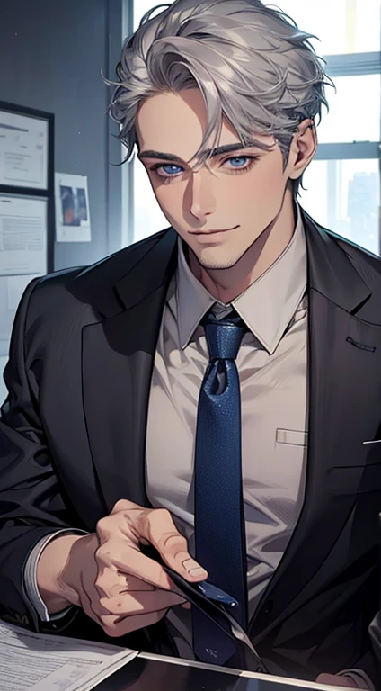 (Highest quality,4K,8K,High resolution,masterpiece:1.2),Super detailed,(Realistic,photoRealistic,photo-Realistic:1.37),1 person,31 years old,Mature Man,Beautiful skin、Profile、very handsome,Expressionless,smile,Short gray silver hair,blue eyes,Sharp Eyes,A perfect face without a doubt,Businessman,Office Background,Cinema Lighting,HDR image,tie.