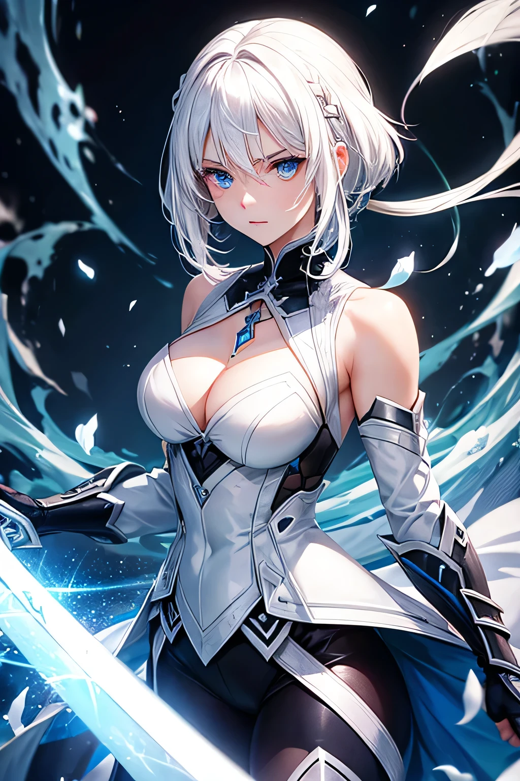 Woman, white hair, blue eyes, sword