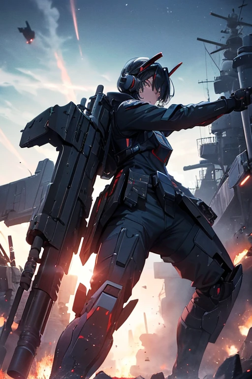 ((((The first one))))((((Armored Core))))　Gundam　1 machine　Beam rifle　Holding a gun　He holds a rifle in his right hand　Left arm has a shield　high resolutionの手
(Bottoms)　universe　Black　high resolution
Enemy in combat　Destroying the enemy　
The battleship is in the background.There is a destroyed machine on the ground