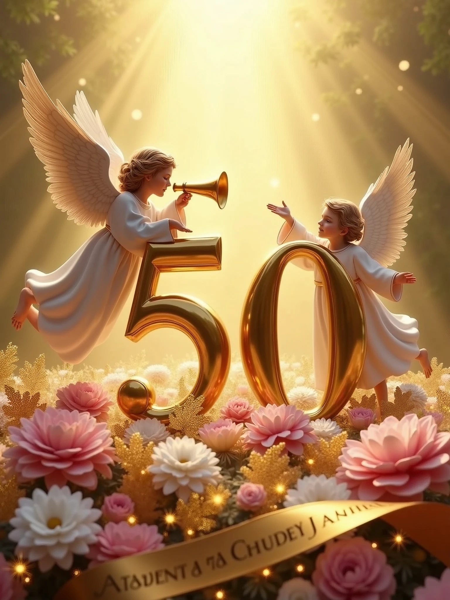 Create a visually stunning and celebratory scene featuring a golden number 50 placed vertically on the left side of the image, lying on a bed of lush bouquets of pink and white flowers with golden leaves. At the top of the number 50, place a majestic angel holding a trumpet, as if heralding a grand announcement. Beside the number 50 on the right, position another angel in a welcoming posture, extending a hand as if inviting others to join the celebration. At the bottom of the image, include an elegant golden ribbon flowing gracefully with the words 'Sacerdotal Golden Jubilee' inscribed in a sophisticated font. Ensure the overall composition exudes a sense of reverence, festivity, and honor.