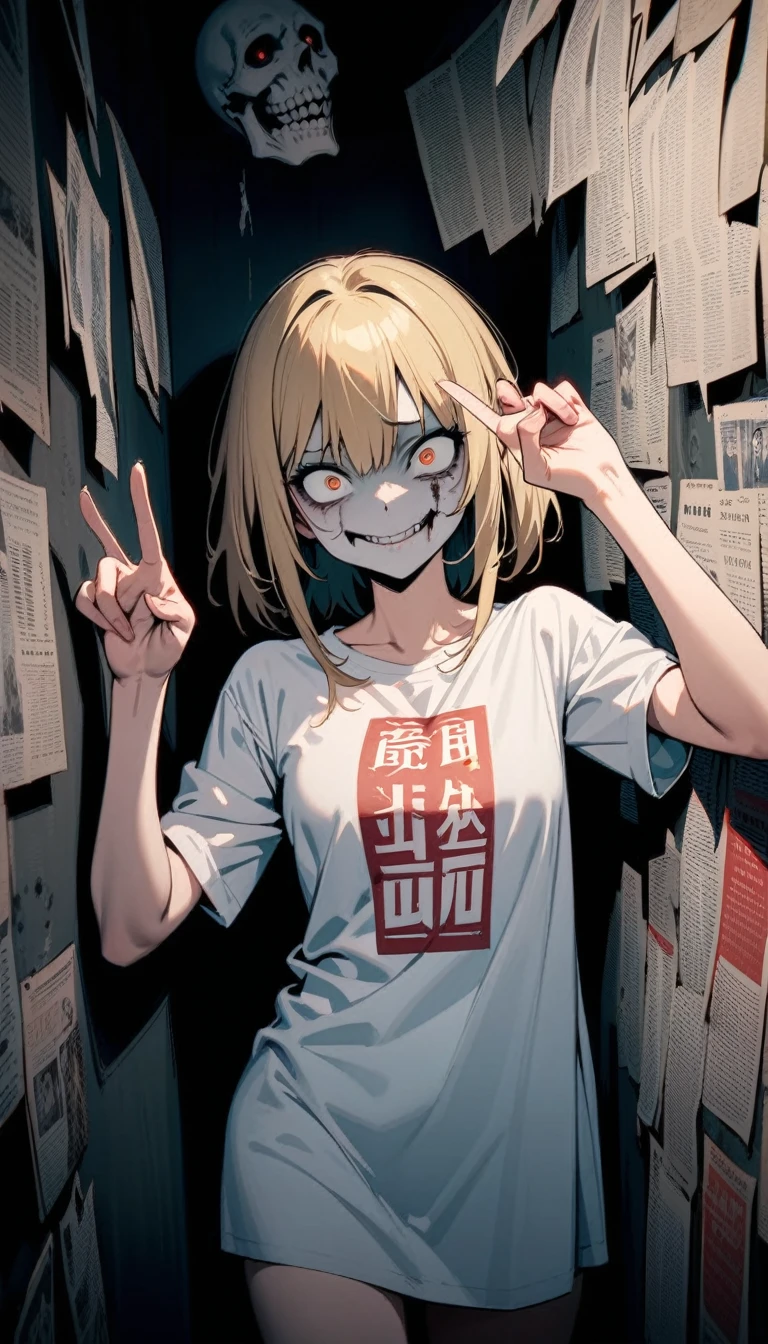 ((best quality)) , ((masterpiece)) , (detailed),Asuna Yumura from Kyo Stafford's "Sınızen no Eisetsu" in a white t shirt with the word 'O书法家' on it, smiling and doing a peace sign pose, posing against a wall of colorful newspaper clippings, with long blonde hair and brown eyes in a full body shot, in the style of anime.,((Horror-themed , Eerie, unsettling, dark, spooky, suspenseful, grim, highly detailed,ugly face))